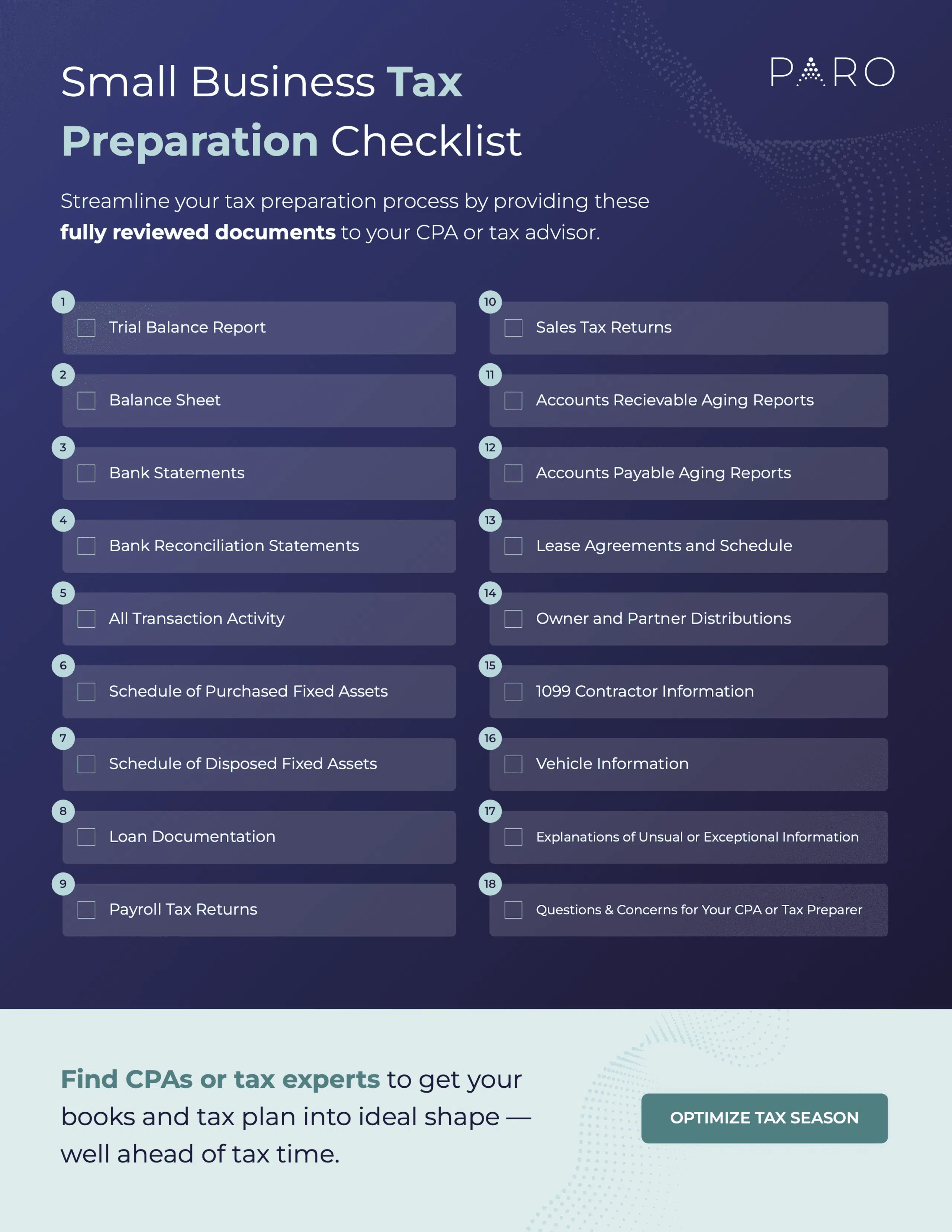 Your Must-Have Small Business Tax Preparation Checklist 1 checklist of 18 items small businesses should complete for tax preparation