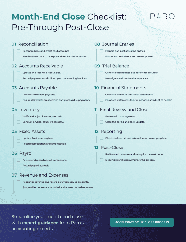 checklist outlining steps to complete month-end close