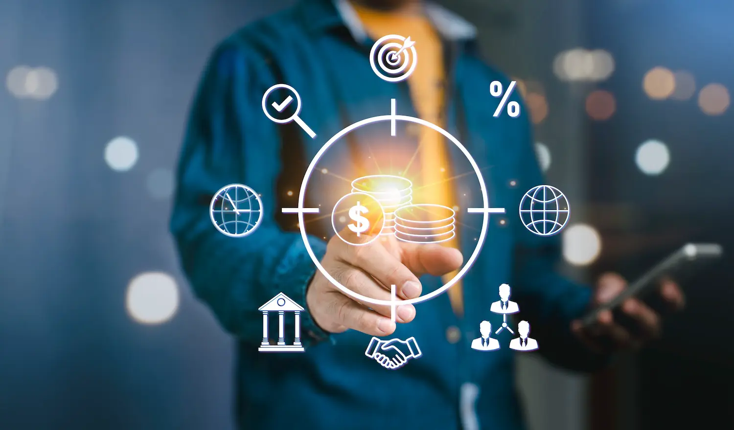 Fractional CFOs: Smart Financial Leadership During Uncertain Times 3 Image of a fractional CFO with icons overlayed that indicate cash savings and preservation